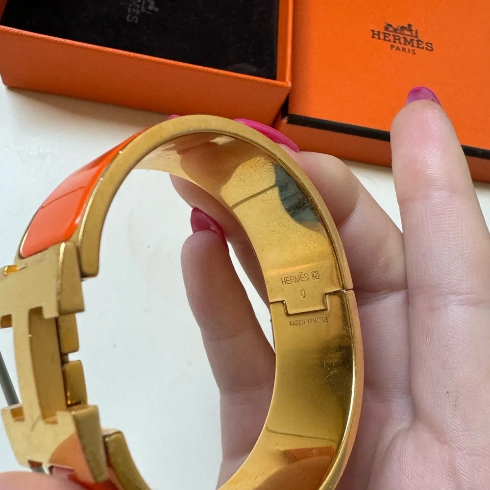 Hermes Orange Enamel Clic H Bracelet with Gold Hardware